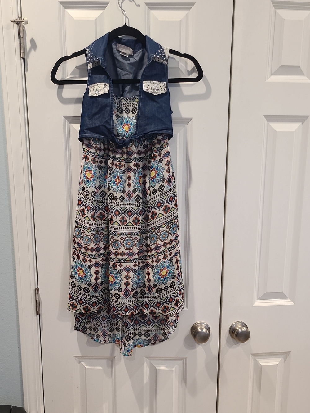 Boho Print High-Low Dress with Denim Vest